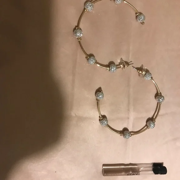 Gold large hoop earrings w rhinestones - Picture 2 of 3